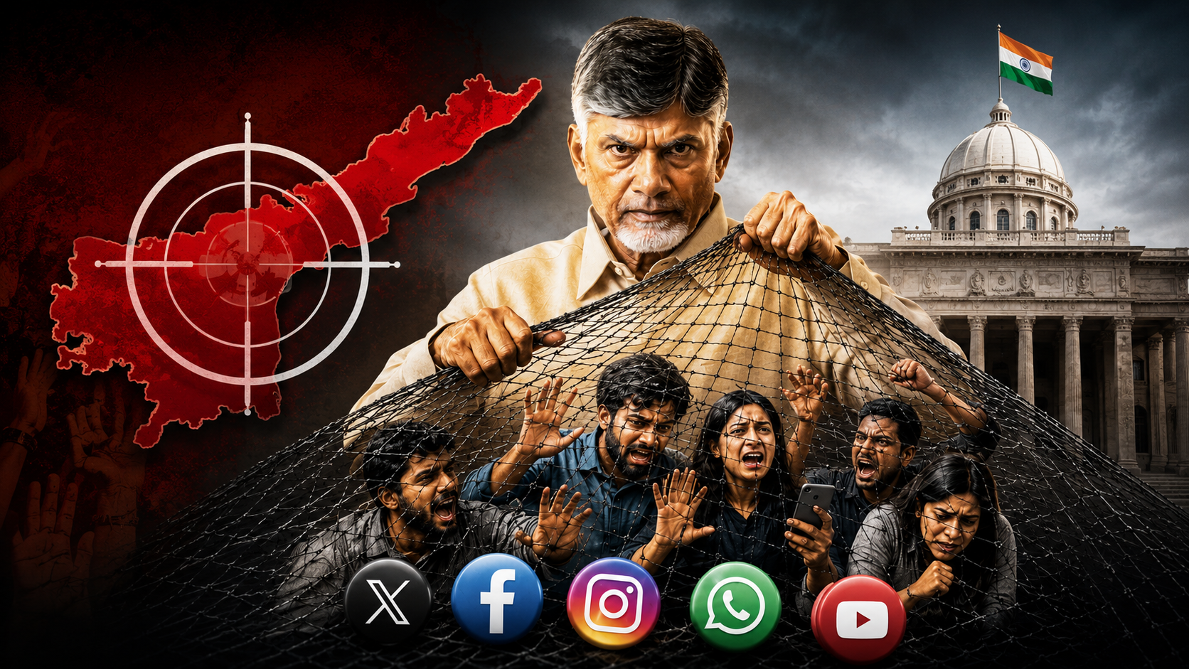 బాబు సర్కారు సోషల్ వేటపై ప్రతీకాత్మక చిత్రం.. సోషల్ మీడియాపై నిఘా, యాక్టివిస్టులపై చర్యలను సూచించే ఫీచర్డ్ ఇమేజ్.