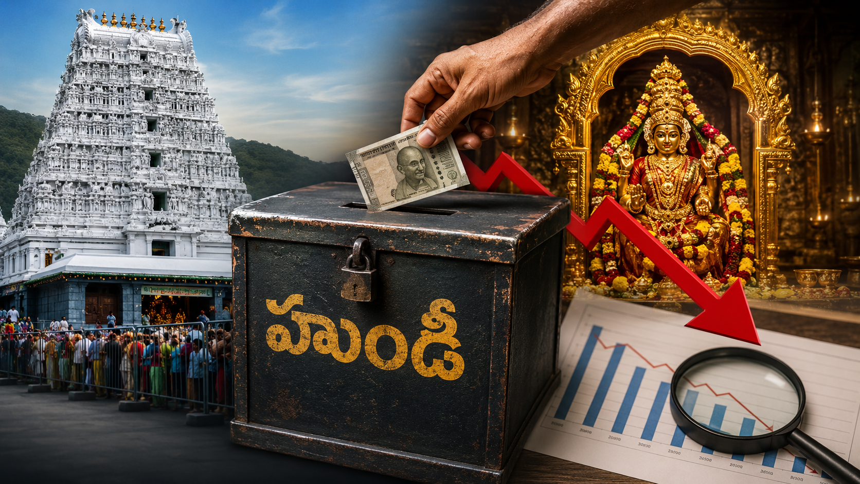 భక్తుల సంఖ్య పెరుగుతున్నా విజయవాడ కనకదుర్గమ్మ, అన్నవరం దేవాలయాల్లో హుండీ ఆదాయం తగ్గిన నేపథ్యంలో రూపొందించిన ప్రతీకాత్మక చిత్రం