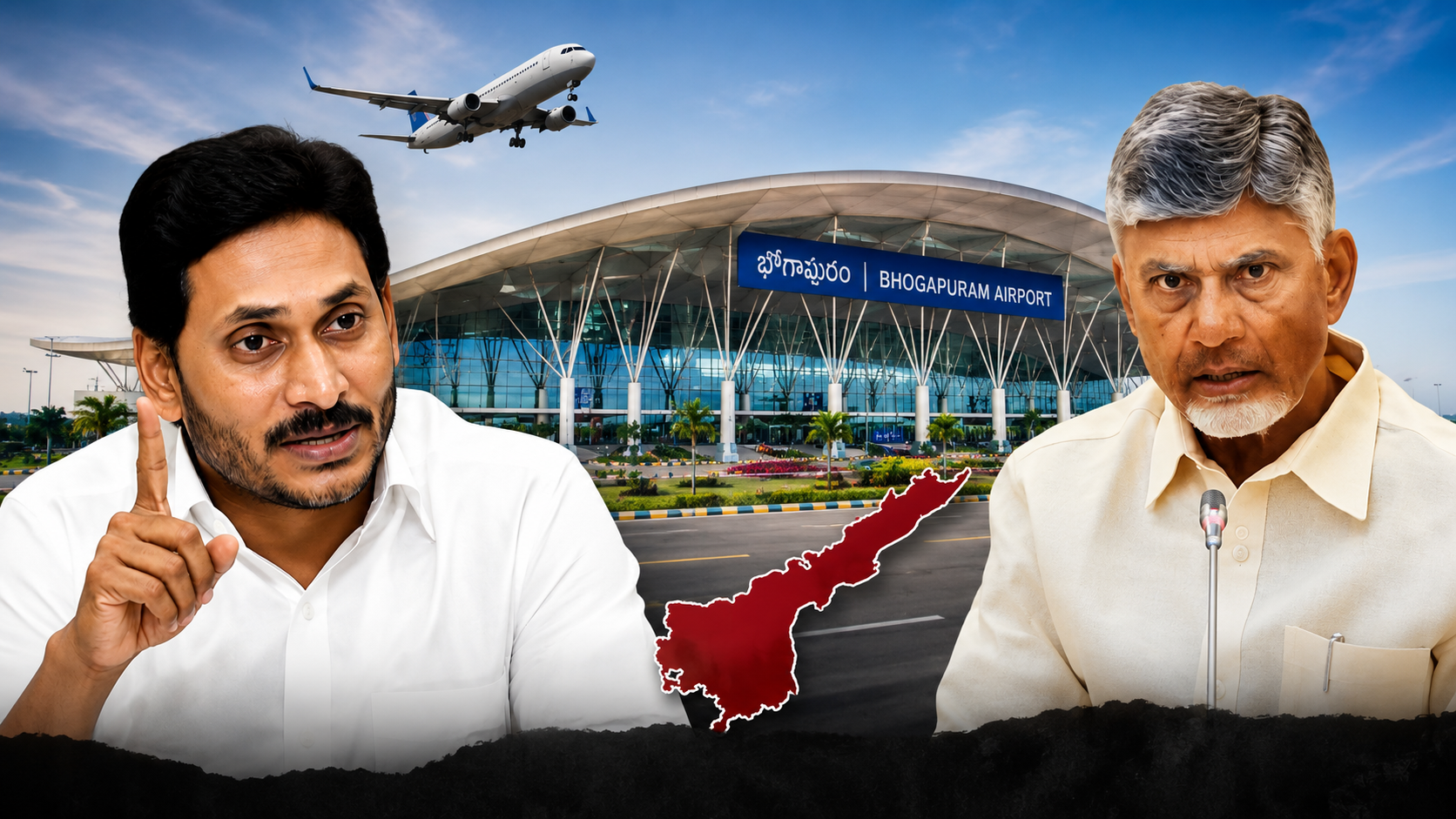 భోగాపురం ఎయిర్పోర్ట్ క్రెడిట్ వివాదంపై వైఎస్ జగన్, చంద్రబాబు నాయుడు చిత్రాలతో రూపొందించిన ఫీచర్డ్ ఇమేజ్