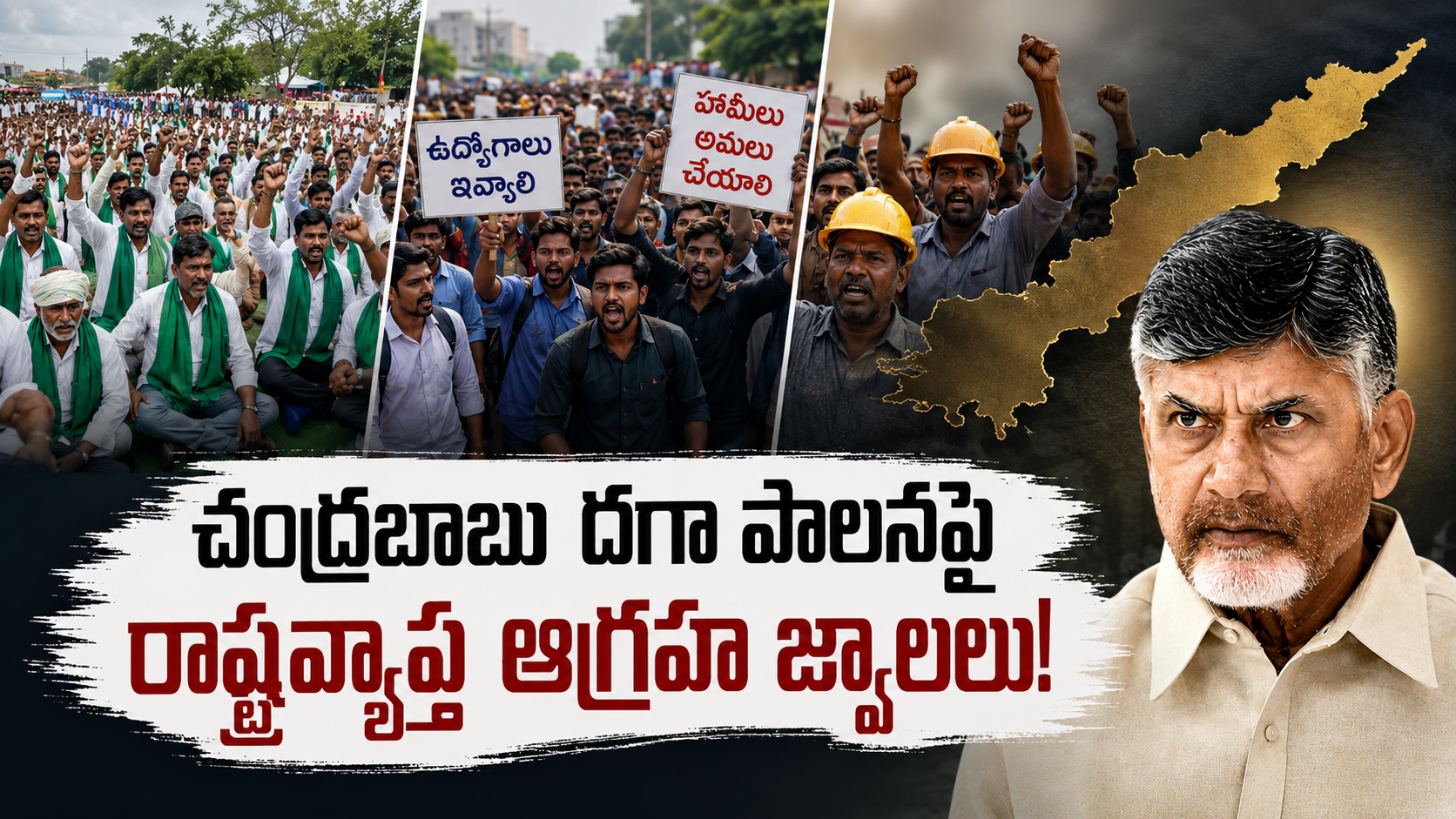 చంద్రబాబు దగా పాలనపై రాష్ట్రవ్యాప్తంగా రైతులు, విద్యార్థులు, కార్మికులు నిర్వహించిన మహా ధర్నాల ప్రతీకాత్మక దృశ్యం