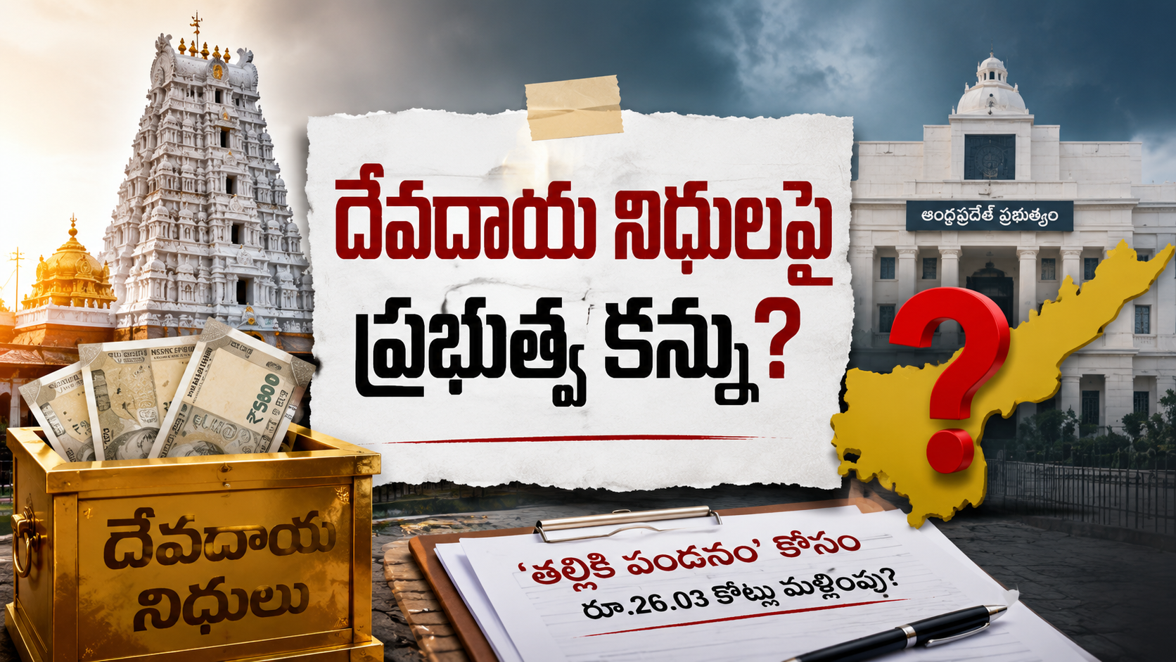 దేవదాయ నిధులను తల్లికి వందనం పథకం కోసం రూ.26.03 కోట్లు మళ్లిస్తున్నారనే వివాదంపై రూపొందించిన ఫీచర్డ్ ఇమేజ్.