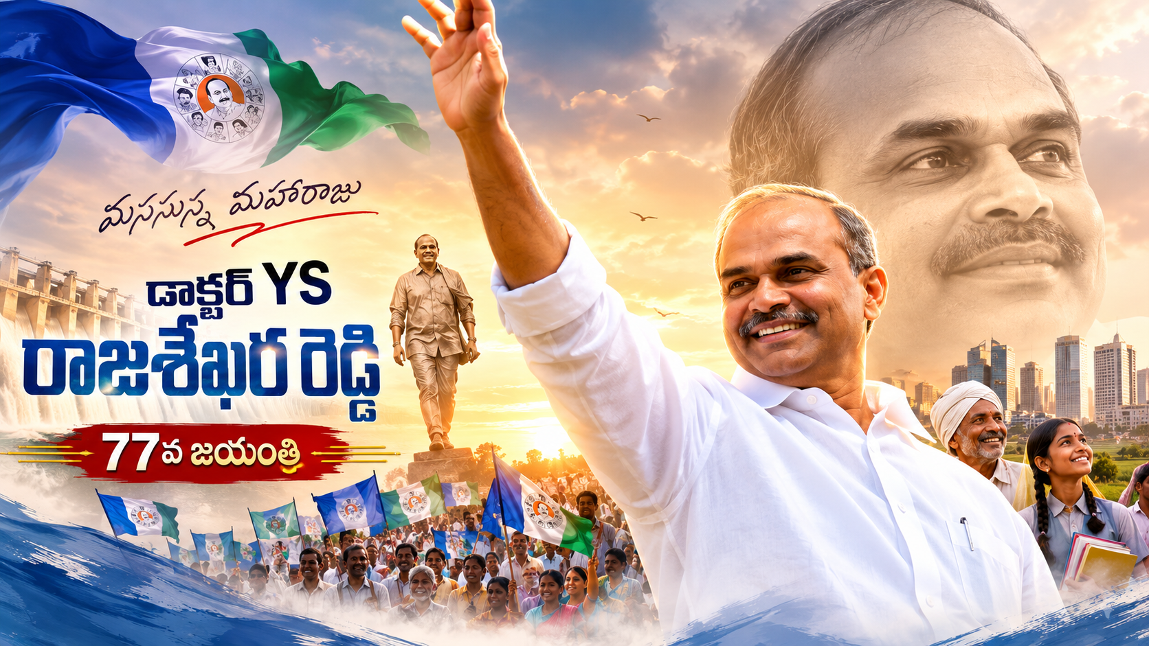 డాక్టర్ వైఎస్ రాజశేఖర్ రెడ్డి 77వ జయంతి సందర్భంగా జలయజ్ఞం, ఆరోగ్యశ్రీ, రైతు సంక్షేమం, విద్యా సంస్కరణలను ప్రతిబింబించే ప్రత్యేక ఫీచర్డ్ ఇమేజ్
