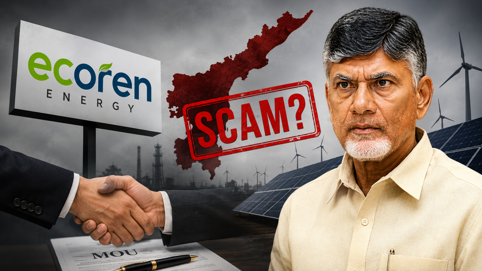 ఎకోరన్ పెట్టుబడుల వివాదం నేపథ్యంలో చంద్రబాబు ప్రభుత్వం, ఎంఓయూ ఒప్పందాలు, రెన్యూవబుల్ ఎనర్జీ ప్రాజెక్టులపై రాజకీయ ఆరోపణలను ప్రతిబింబించే ఫీచర్డ్ ఇమేజ్.
