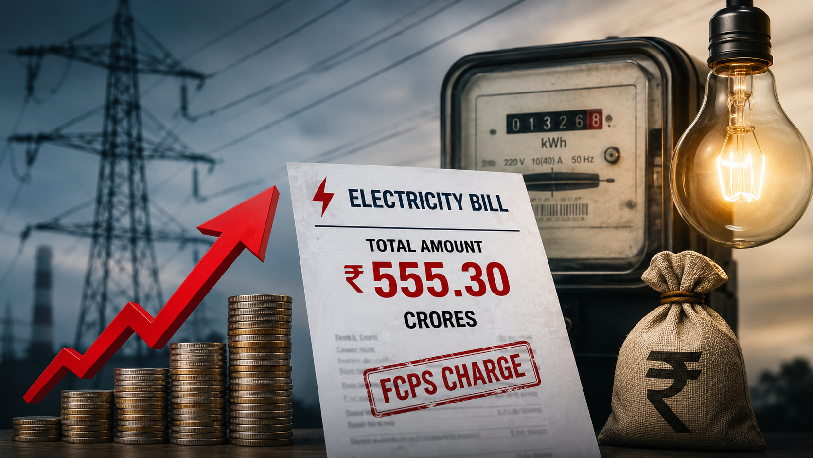 ఎఫ్‌పీపీసీఏ పేరుతో రూ.555.30 కోట్ల అదనపు విద్యుత్‌ ఛార్జీల భారం నేపథ్యంలో విద్యుత్‌ మీటర్‌, బిల్లు, విద్యుత్‌ టవర్లు సూచించే ఫీచర్డ్ ఇమేజ్.