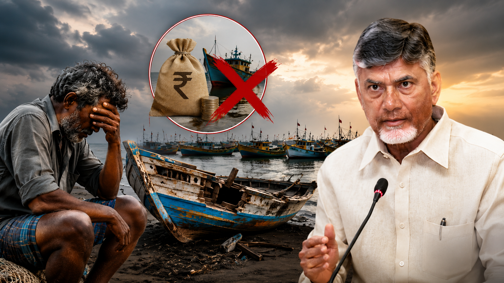 ఎక్స్‌గ్రేషియా కుదించి బోట్లకు పరిహారం ఎగ్గొట్టారనే ఆరోపణల నేపథ్యంలో మత్స్యకారుల ఆవేదనను ప్రతిబింబించే ఫీచర్డ్ ఇమేజ్
