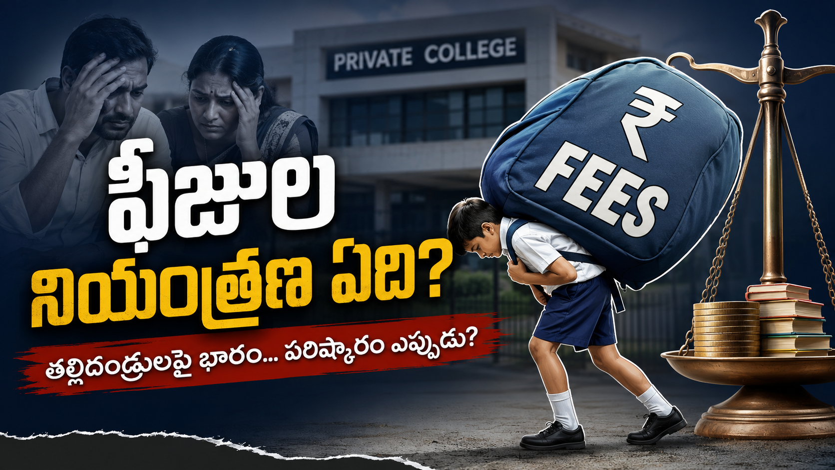 ఫీజుల నియంత్రణ లేక ప్రైవేట్ పాఠశాలలు, కళాశాలల్లో పెరుగుతున్న ఫీజుల భారంతో ఆందోళన చెందుతున్న తల్లిదండ్రులను ప్రతిబింబించే చిత్రం