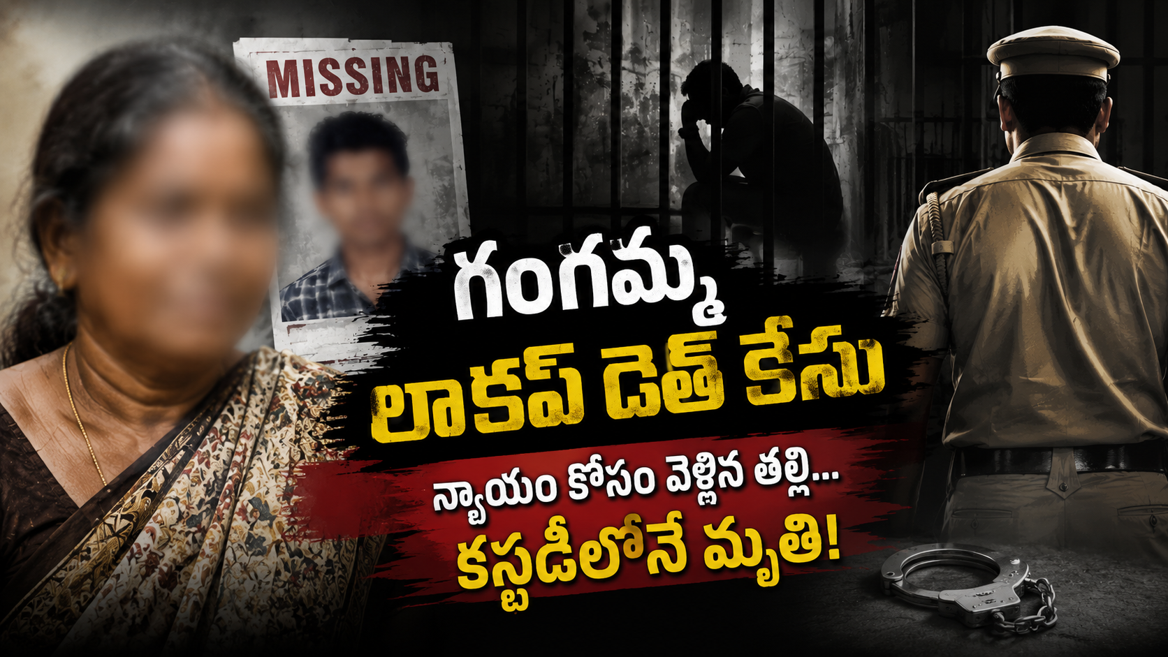 గంగమ్మ లాకప్ డెత్ కేసు నేపథ్యంలో కస్టడీ మృతి, మిస్సింగ్ కుమారుడు, పోలీస్ దర్యాప్తును సూచించే ప్రతీకాత్మక చిత్రం