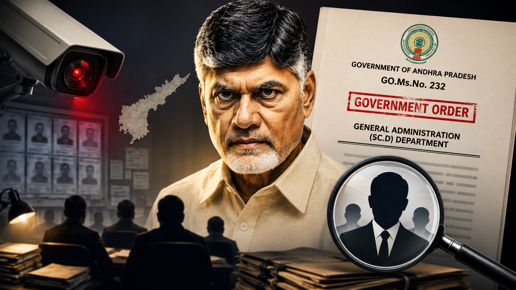 గెజిటెడ్ అధికారులపై ప్రత్యేక నిఘాకు సంబంధించిన కొత్త GO, సీఎం చంద్రబాబు చిత్రం మరియు పర్యవేక్షణను సూచించే ఫీచర్డ్ ఇమేజ్