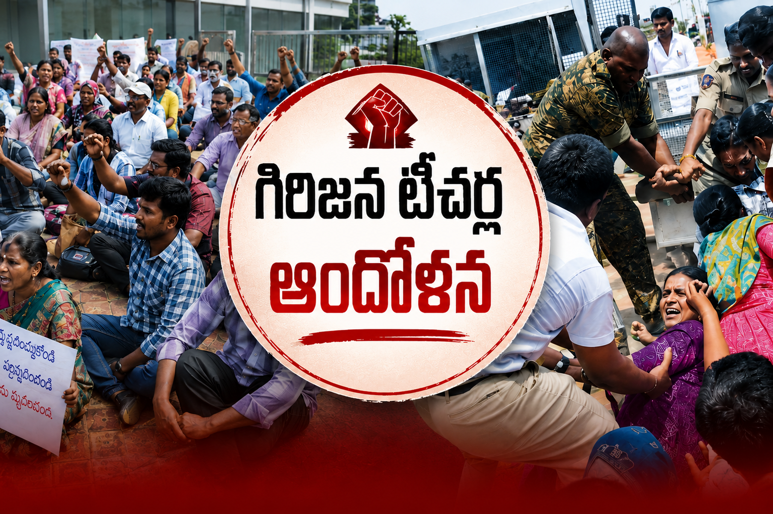 తాడేపల్లిలో గిరిజన టీచర్ల ఆందోళన సందర్భంగా మహిళా టీచర్లను పోలీసులు అదుపులోకి తీసుకుంటున్న దృశ్యం
