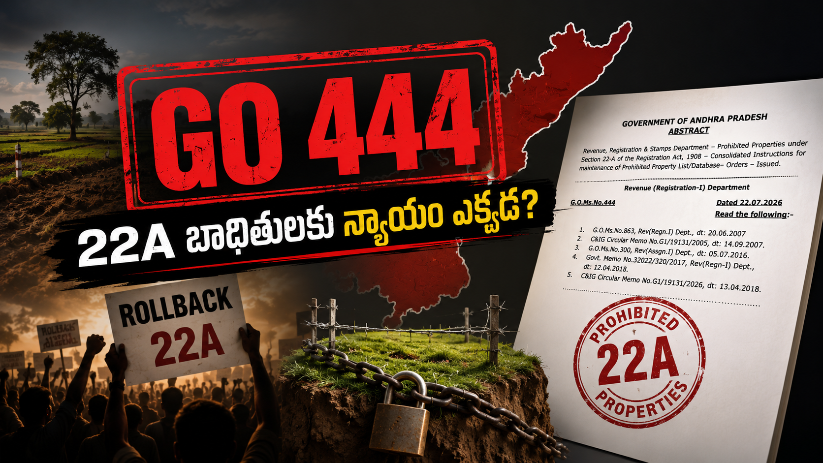 GO 444 పై 22A బాధితులకు న్యాయం జరగలేదని విమర్శలు వ్యక్తమవుతున్న నేపథ్యంలో GO 444 డాక్యుమెంట్, 22A నిషేధిత భూములు మరియు Rollback 22A డిమాండ్ను చూపించే ఫీచర్డ్ ఇమేజ్.