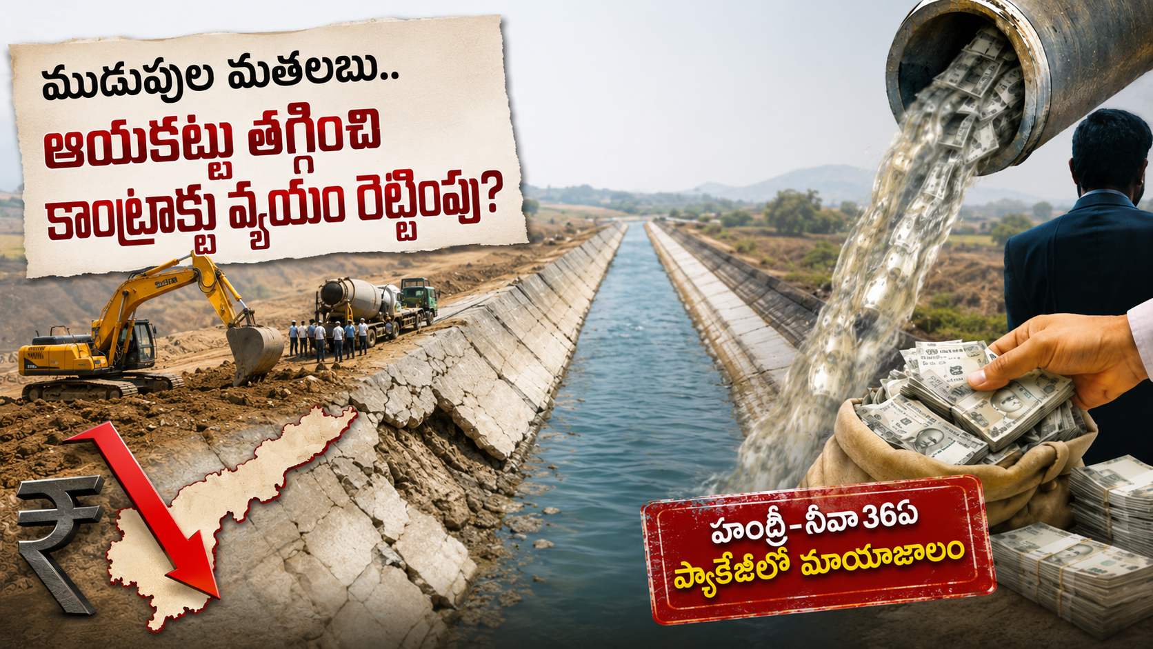 హంద్రీ–నీవా 36ఏ ప్యాకేజీలో ఆయకట్టు తగ్గించి కాంట్రాక్టు వ్యయం రూ.623 కోట్లకు పెరిగిందనే ఆరోపణలపై రూపొందించిన ఫీచర్డ్ ఇమేజ్.