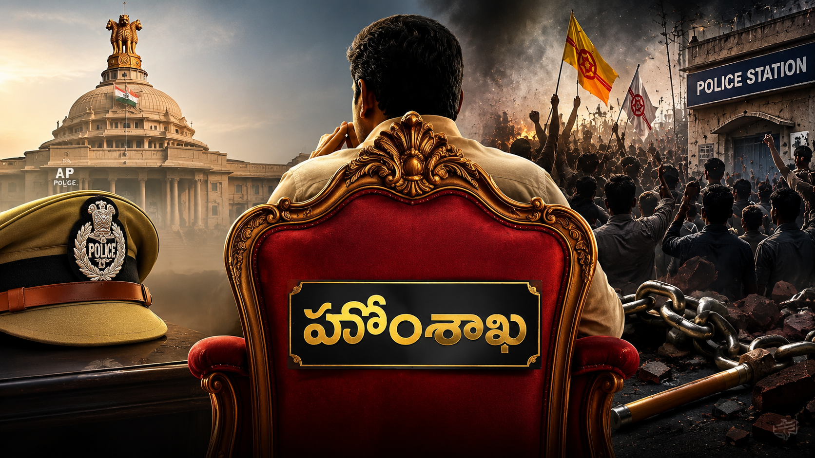 హోంశాఖ రాజకీయ వ్యూహంపై చర్చను సూచించే పోలీస్ స్టేషన్, హోంశాఖ కుర్చీ, రాజకీయ నేపథ్యంతో రూపొందించిన ఫీచర్డ్ ఇమేజ్