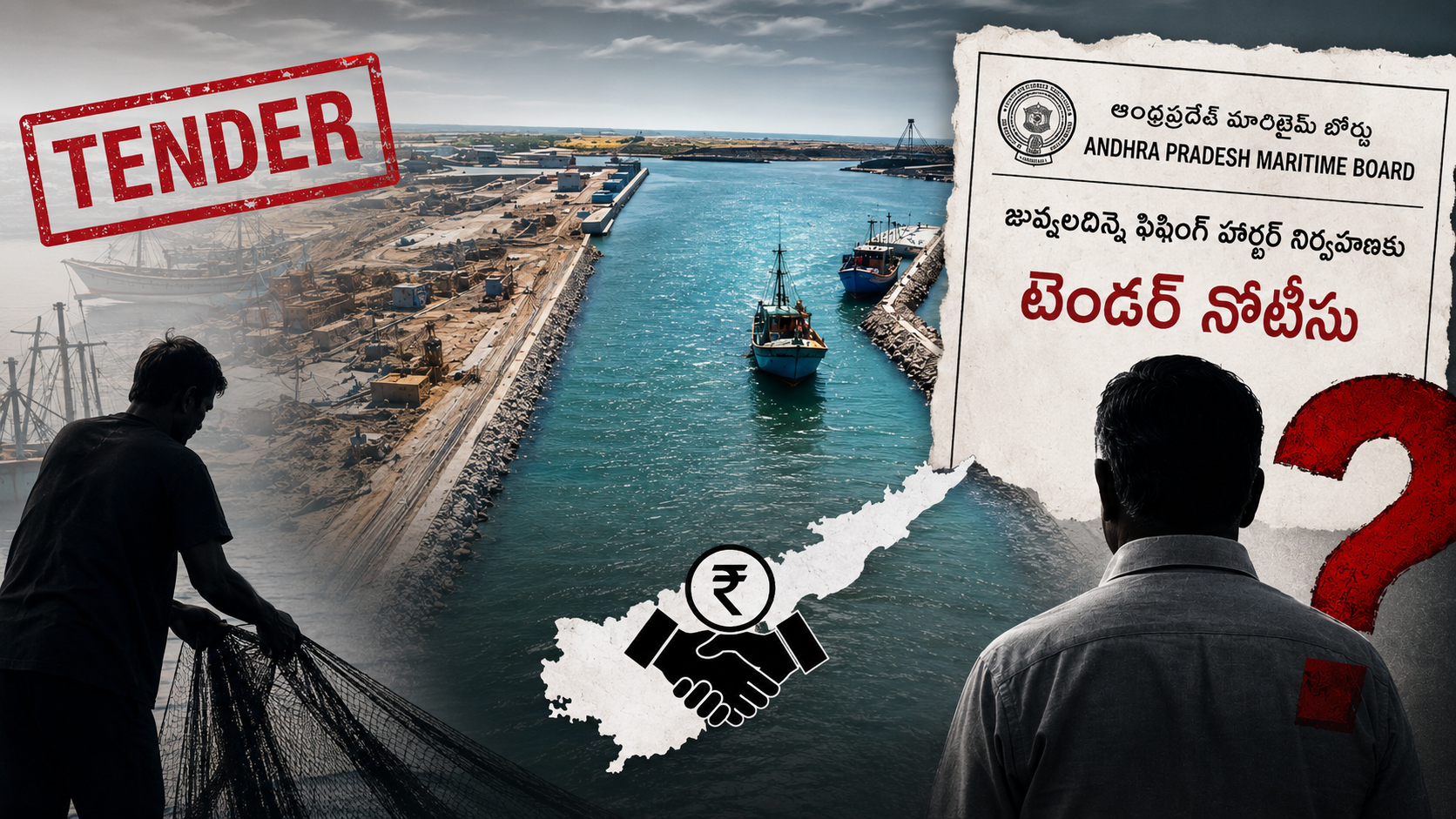 జువ్వలదిన్నె ఫిషింగ్ హార్బర్‌ను ప్రైవేట్ పరం చేసేందుకు టెండర్లు ఆహ్వానించిన నేపథ్యంలో హార్బర్, టెండర్ నోటీసు, మత్స్యకారుడిని చూపించే ఫీచర్డ్ ఇమేజ్.