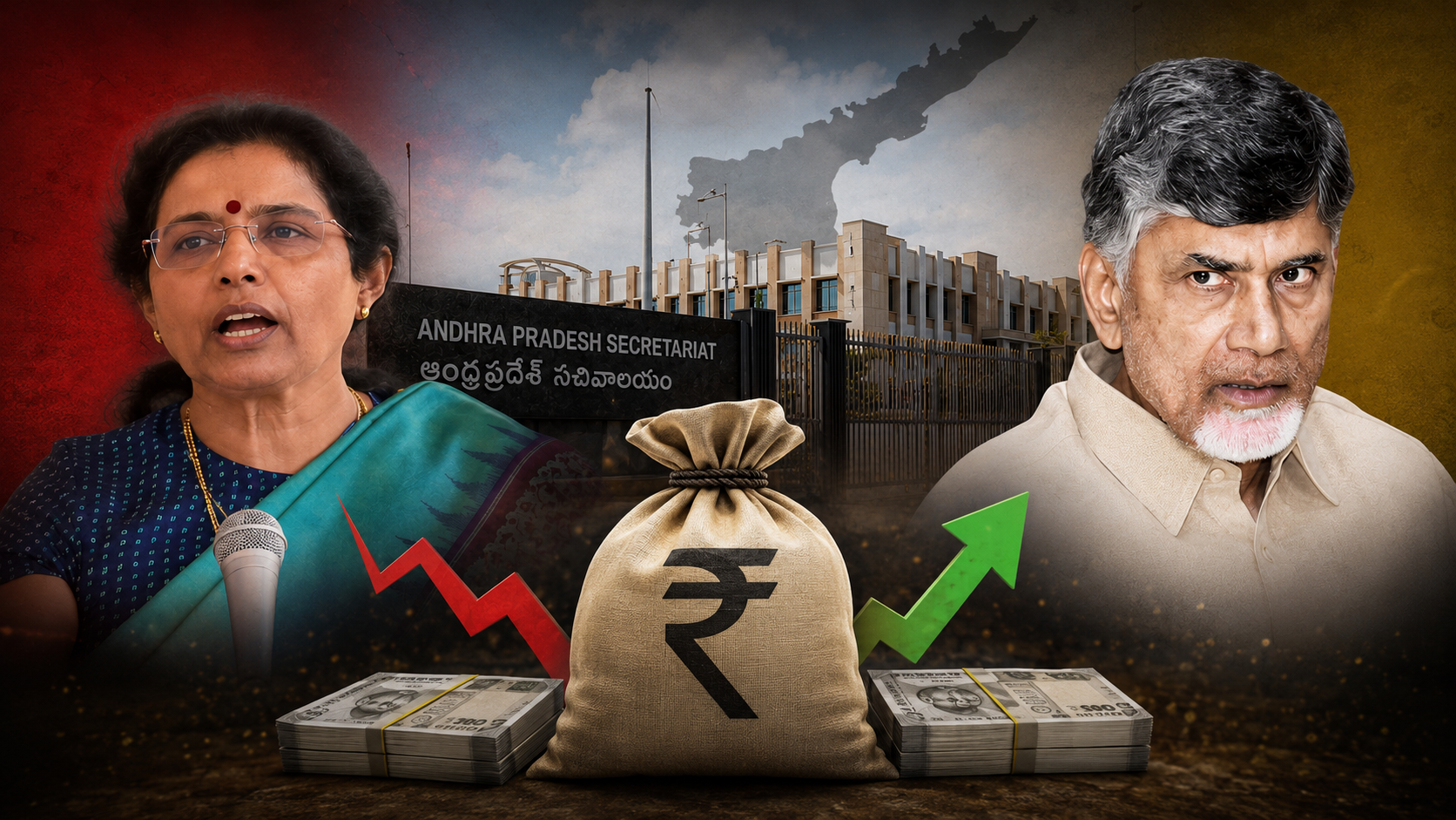 ఖాళీ ఖజానా వివాదంపై భువనేశ్వరి వ్యాఖ్యలు, 2019 vs 2024 ఆంధ్రప్రదేశ్ ఖజానా పరిస్థితిని సూచించే ప్రతీకాత్మక చిత్రం.