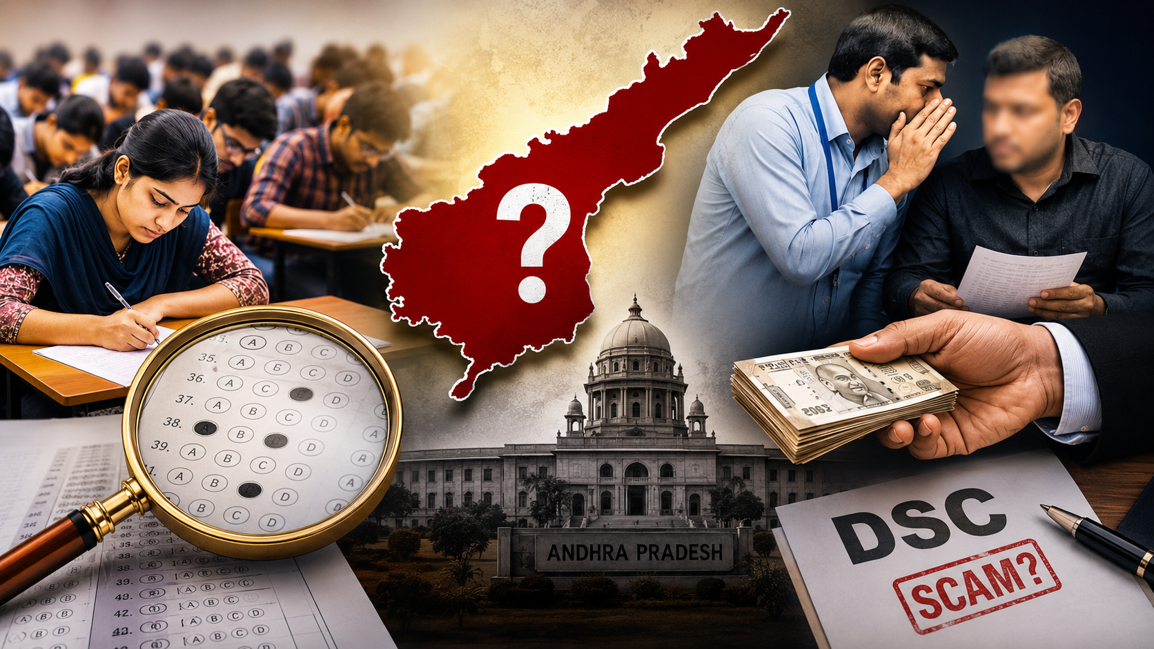 మెగా డీఎస్సీ నియామకాలపై ఆరోపణలు, ప్రశ్నాపత్రాల భద్రత, స్పోర్ట్స్ కోటా వివాదం, మెరిట్ లిస్టుపై సందేహాలను ప్రతిబింబించే ఫీచర్డ్ ఇమేజ్.