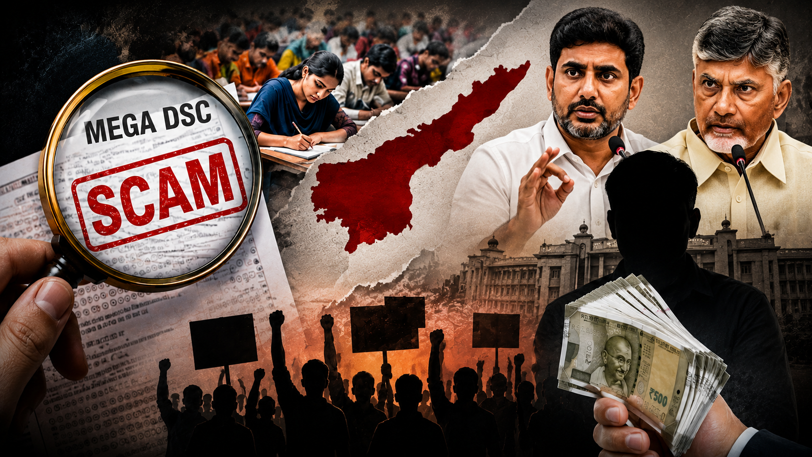 మెగా డీఎస్సీ నియామకాలపై వచ్చిన ఆరోపణలను ప్రతిబింబించేలా రూపొందించిన ఫీచర్డ్ ఇమేజ్‌లో పరీక్ష రాస్తున్న అభ్యర్థులు, మెగా డీఎస్సీ పత్రాలు, నిరసనలు, ఆంధ్రప్రదేశ్ మ్యాప్, రాజకీయ నాయకుల విజువల్స్ ఉన్నాయి.