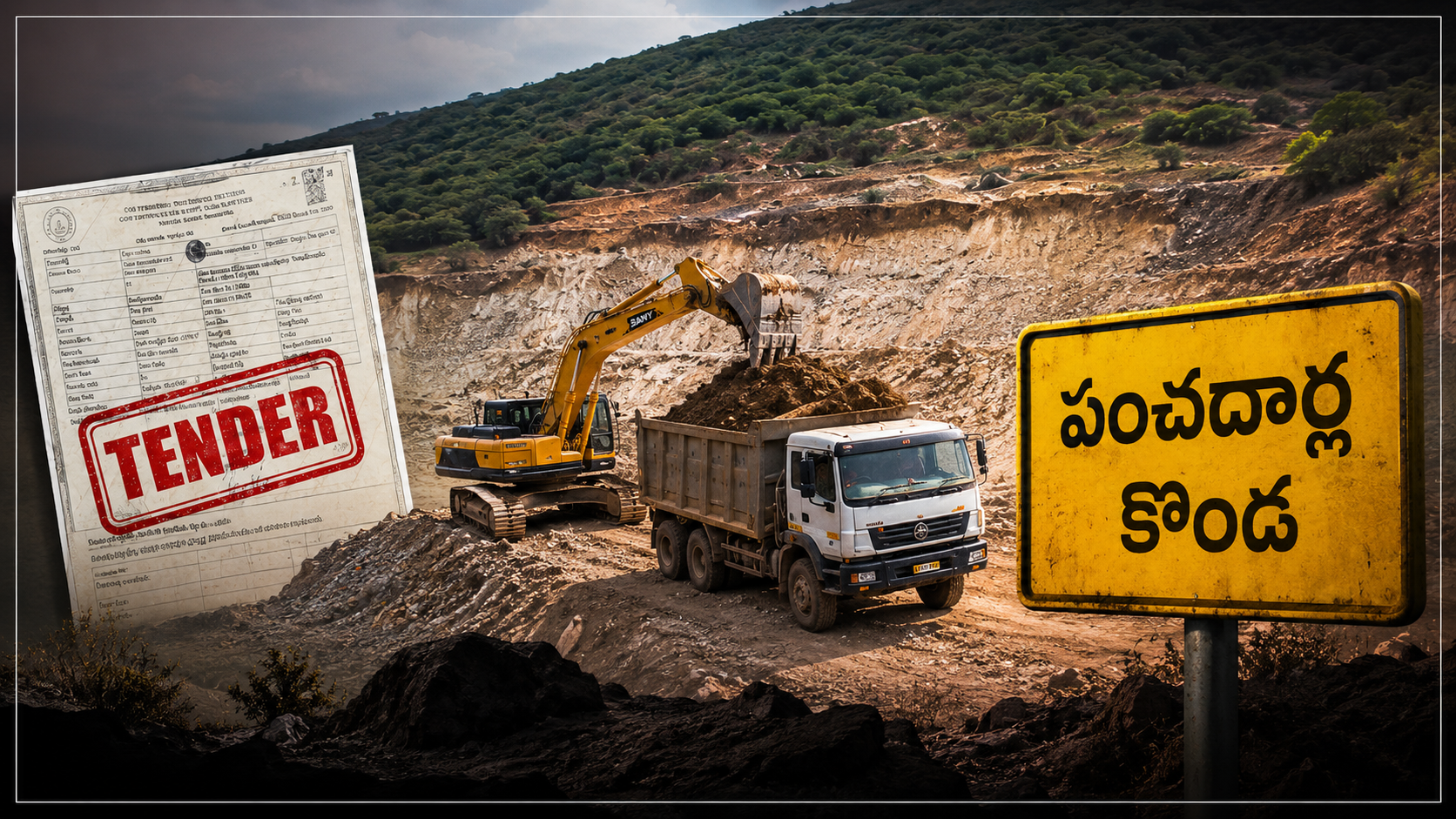పంచదార్ల కొండలో అక్రమ మైనింగ్ ఆరోపణల నేపథ్యంలో తవ్వకాల ప్రాంతం, ఎక్స్‌కవేటర్, టిప్పర్ లారీ మరియు టెండర్ పత్రం చూపిస్తున్న ఫీచర్డ్ ఇమేజ్
