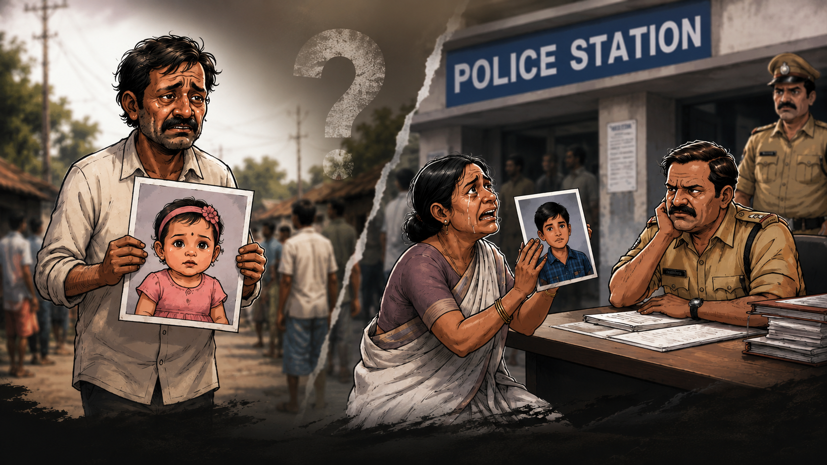 పాప కోసం తండ్రి, బూడిద కోసం తల్లి అంటూ పోలీస్ వ్యవస్థపై ప్రశ్నలు లేవనెత్తుతున్న ప్రతీకాత్మక చిత్రం