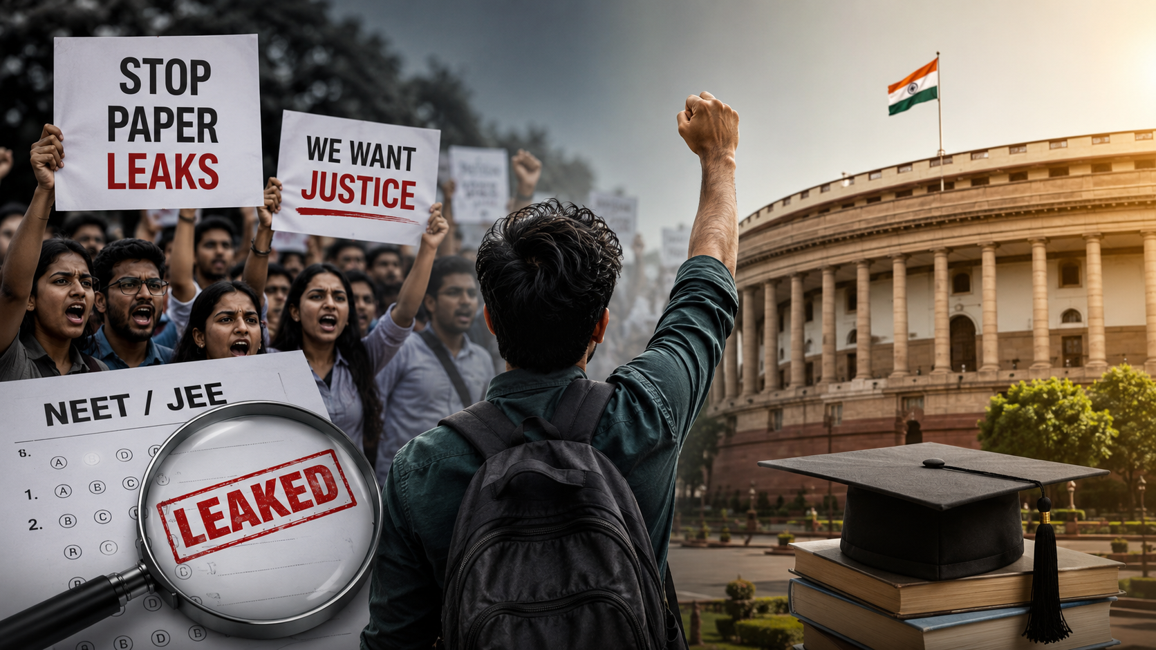 పేపర్ లీక్‌లకు వ్యతిరేకంగా యువత నిరసనలు, పార్లమెంట్ భవనం, లీకైన పరీక్ష పేపర్ ప్రతీకతో రూపొందించిన ఫీచర్డ్ ఇమేజ్.