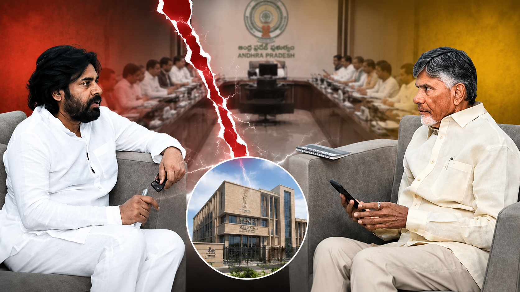 కేబినెట్ సమావేశానికి గైర్హాజరైన పవన్ కళ్యాణ్, సీఎం చంద్రబాబు నాయుడు మధ్య రాజకీయ చర్చకు దారితీసిన పరిణామాన్ని సూచించే చిత్రం