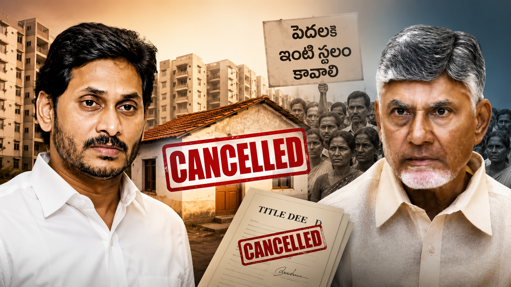 పేదల ఇళ్ల పట్టాల రద్దుపై వైఎస్ జగన్, చంద్రబాబు చిత్రాలతో రూపొందించిన ఫీచర్డ్ ఇమేజ్