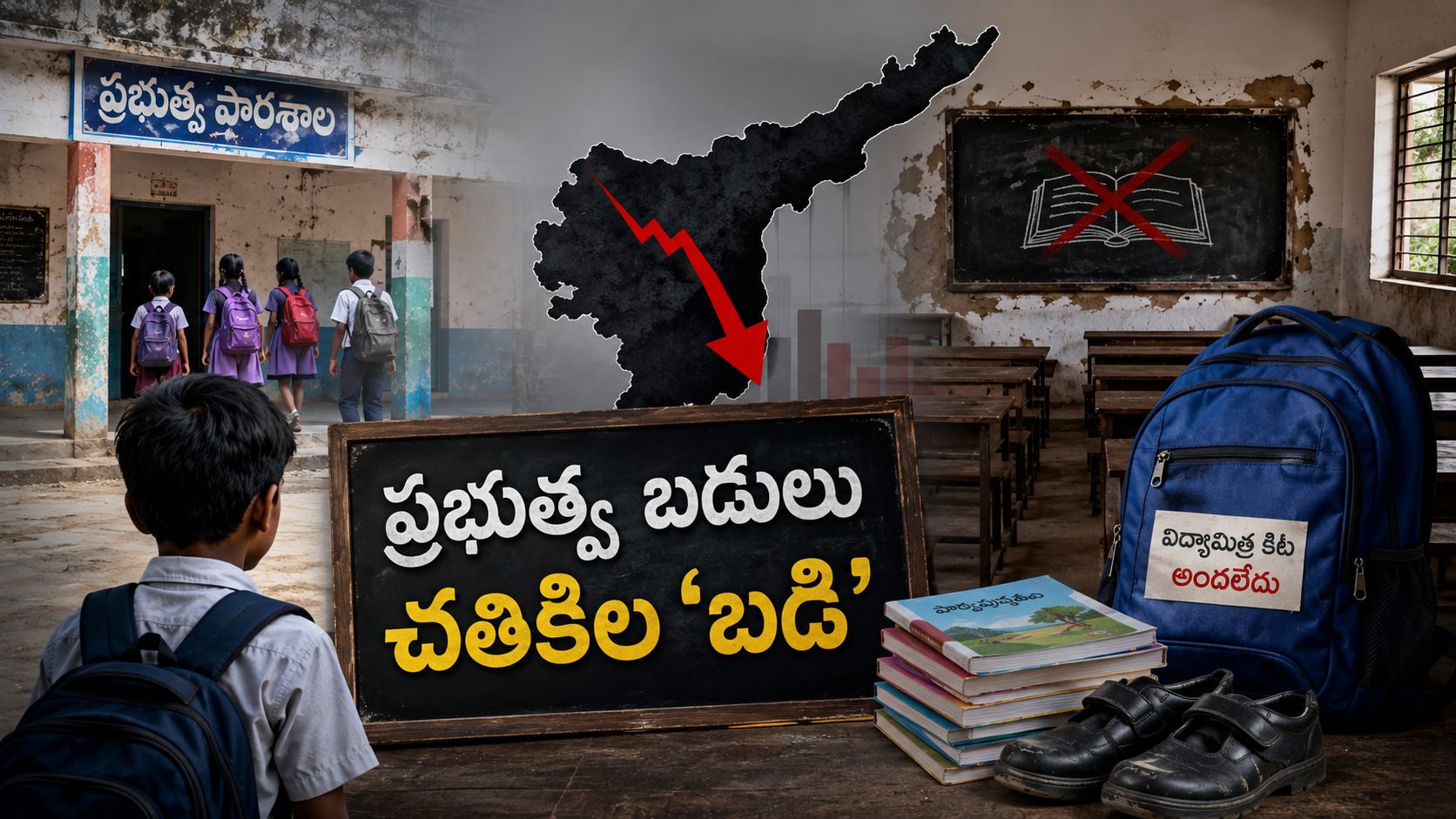 ప్రభుత్వ పాఠశాలల్లో కిట్లు, పుస్తకాలు, మౌలిక సదుపాయాల కొరతను సూచించే ప్రతీకాత్మక చిత్రం