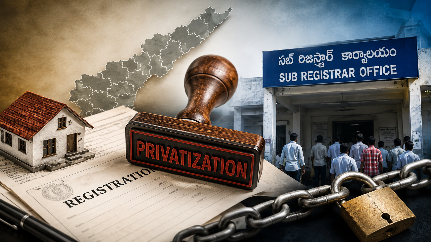 ప్రజల ఆస్తులపై ప్రైవేటు పంజా – ఏపీ రిజిస్ట్రేషన్ల వ్యవస్థను ప్రైవేటుకు అప్పగించే ప్రతిపాదనకు సంబంధించిన ప్రతీకాత్మక చిత్రం.