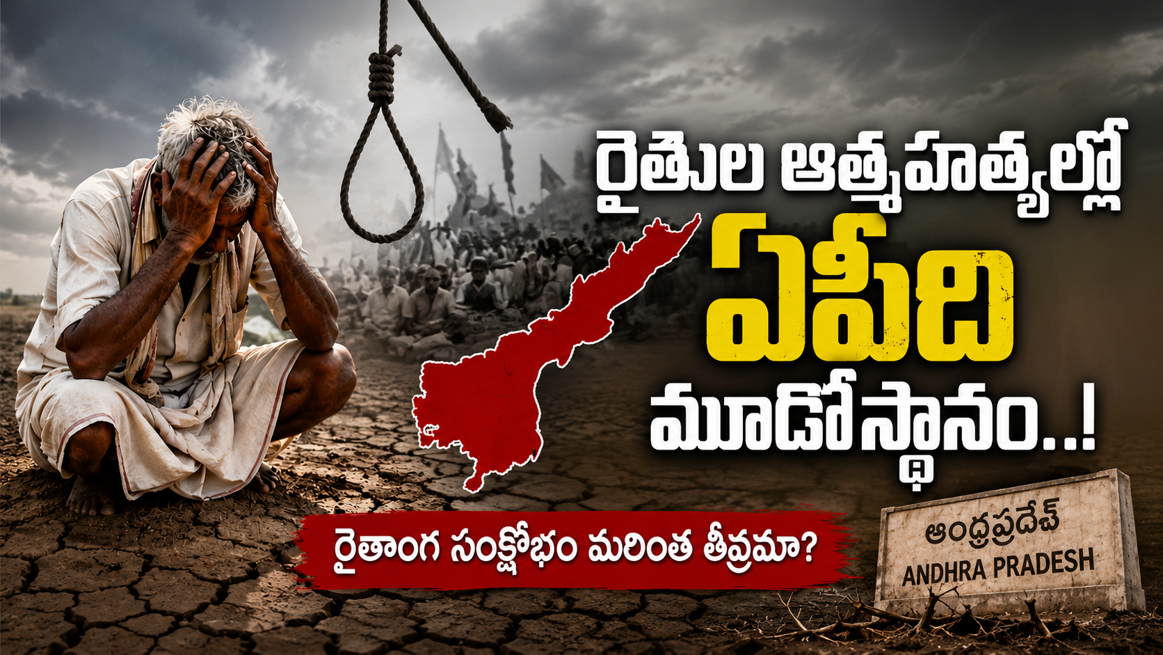 రైతుల ఆత్మహత్యల్లో ఏపీ మూడో స్థానంలో ఉందని పేర్కొంటూ రైతాంగ సంక్షోభాన్ని ప్రతిబింబించే ఫీచర్డ్ ఇమేజ్