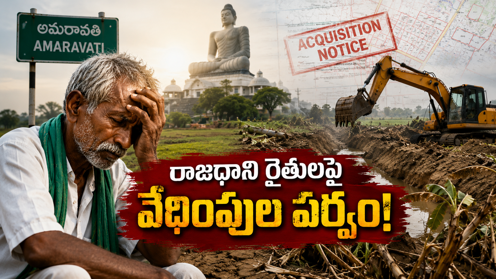 రాజధాని రైతులపై వేధింపుల పర్వం నేపథ్యంలో అమరావతి ప్రాంతంలో భూమి ఇవ్వని రైతు, జేసీబీతో తవ్వకాలు, పంటపొలాల విధ్వంసాన్ని సూచించే ఫీచర్డ్ ఇమేజ్.