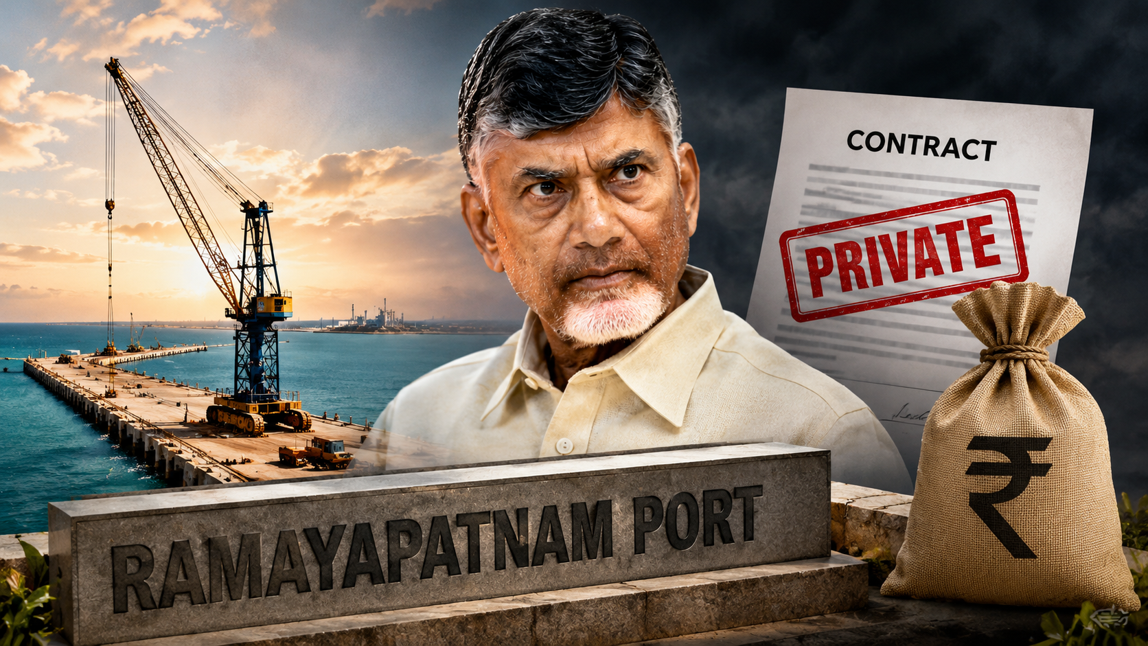 రామాయపట్నం పోర్టు ప్రైవేటీకరణ నేపథ్యంలో పోర్టు, చంద్రబాబు, ప్రైవేట్ ఒప్పందాన్ని సూచించే ఫీచర్డ్ ఇమేజ్
