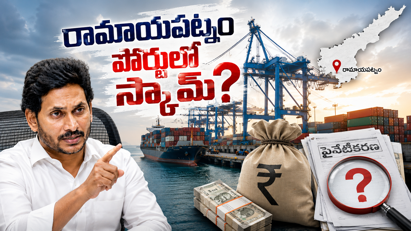 రామాయపట్నం పోర్టు ప్రైవేటీకరణపై వైఎస్ జగన్ ఆరోపణలను ప్రతిబింబించే ఫీచర్డ్ ఇమేజ్