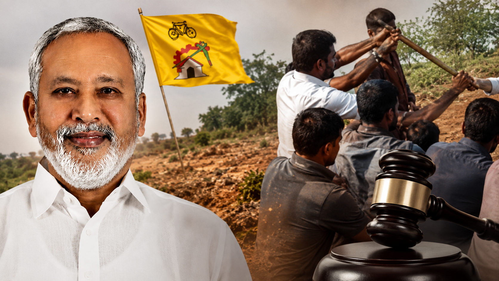 టీడీపీ ఎమ్మెల్యే నాని భూ దోపిడీ ఆరోపణల నేపథ్యంలో భూ వివాదం, ఘర్షణను సూచించే ప్రతీకాత్మక చిత్రం
