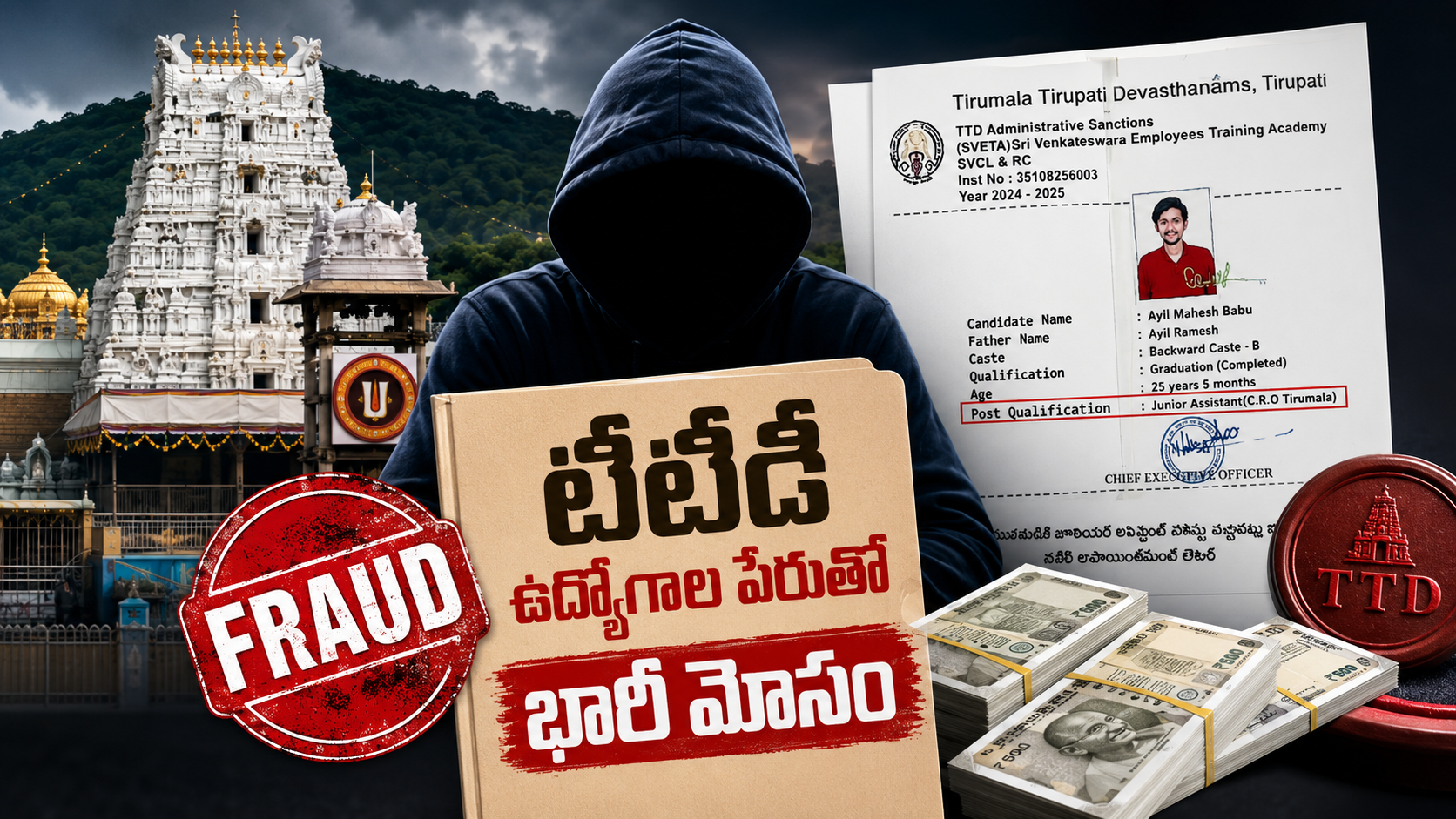 టీటీడీ ఉద్యోగాల పేరిట భారీ మోసం కేసులో నకిలీ నియామకపత్రాలు, టీటీడీ లోగో, కోట్ల రూపాయల ఉద్యోగ రాకెట్‌ను సూచించే ఫీచర్డ్ ఇమేజ్