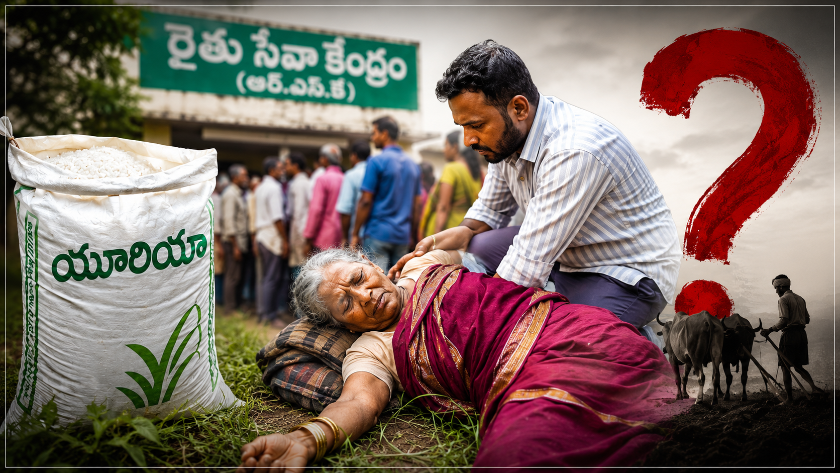 యూరియా కోసం రైతు సేవా కేంద్రానికి వెళ్లిన మహిళా రైతు కుప్పకూలిన ఘటనను సూచించే శ్రీకాకుళం ఆర్‌ఎస్‌కే ఫీచర్డ్ ఇమేజ్
