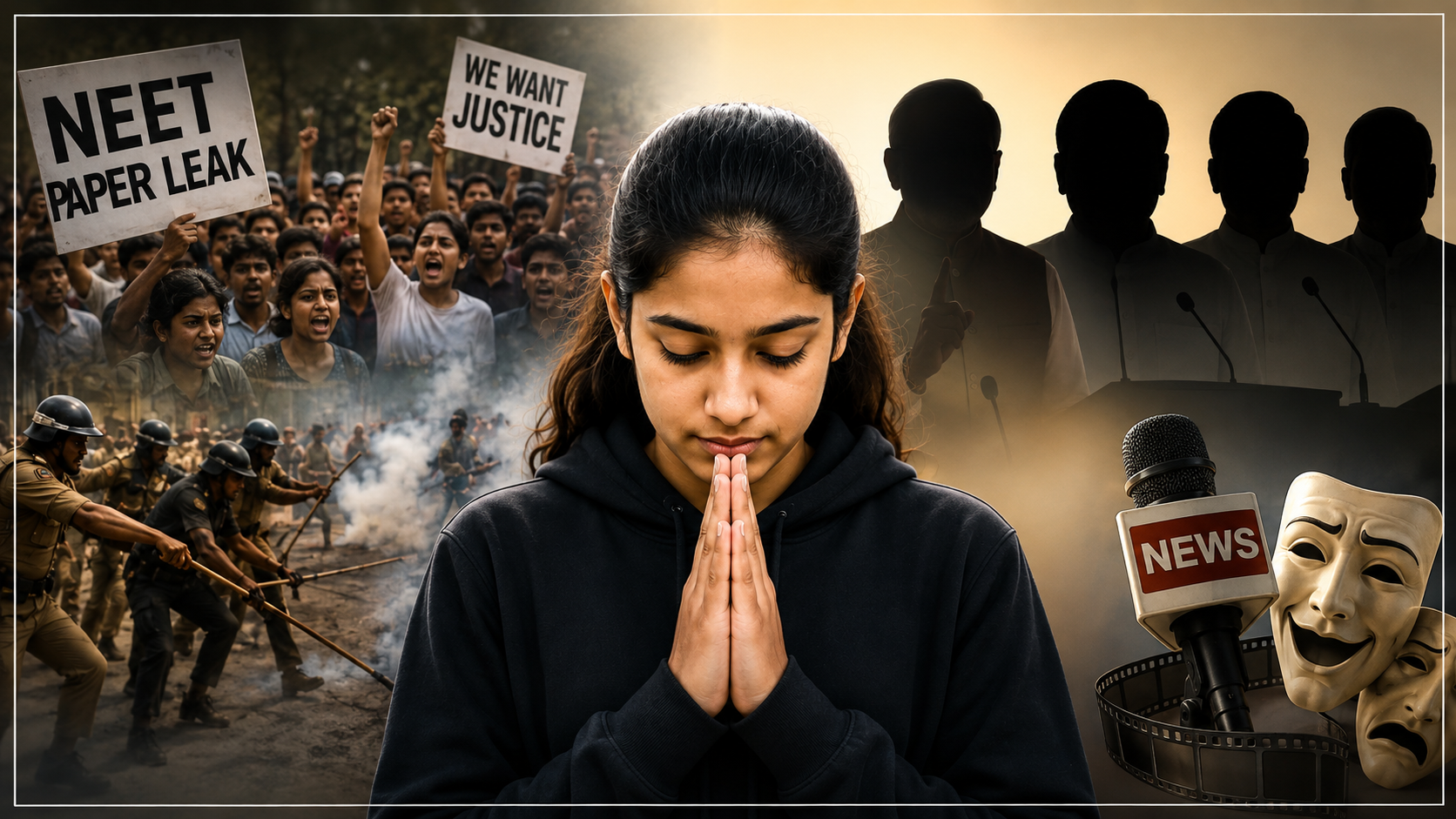 15 ఏళ్ల యువతి క్షమాపణ చెబుతున్న దృశ్యంతో రాజకీయ నాయకులు, నిరసనలు, మీడియా ప్రతీకలను చూపించే ఎడిటోరియల్ ఫీచర్డ్ ఇమేజ్
