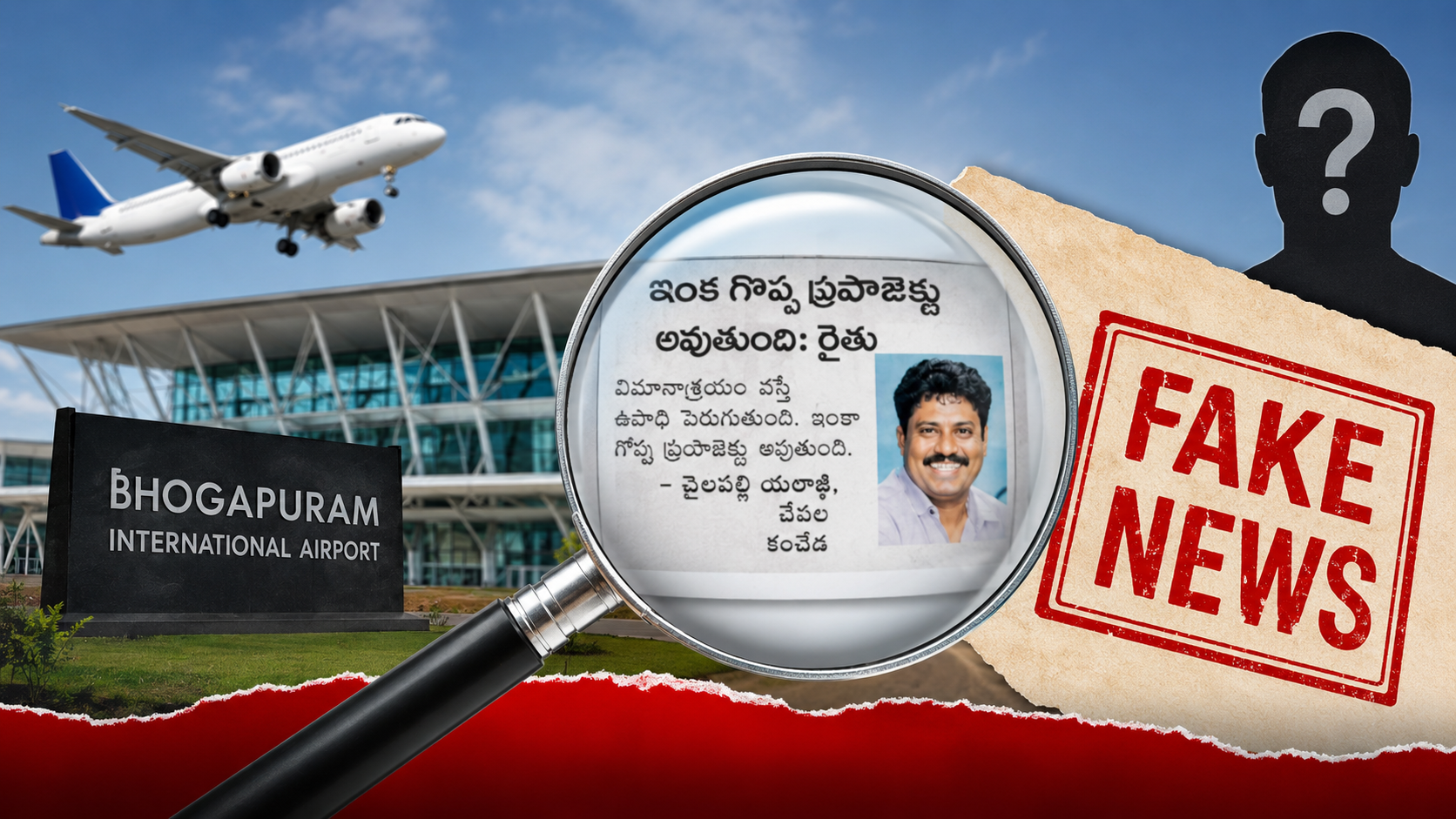 ఆత్మ సాక్షిగా క్రెడిట్ చోరీ ఆరోపణల నేపథ్యంలో భోగాపురం అంతర్జాతీయ విమానాశ్రయం, వైరల్ అయిన వార్తా క్లిప్పింగ్‌ను చూపిస్తున్న ఫీచర్డ్ ఇమేజ్.