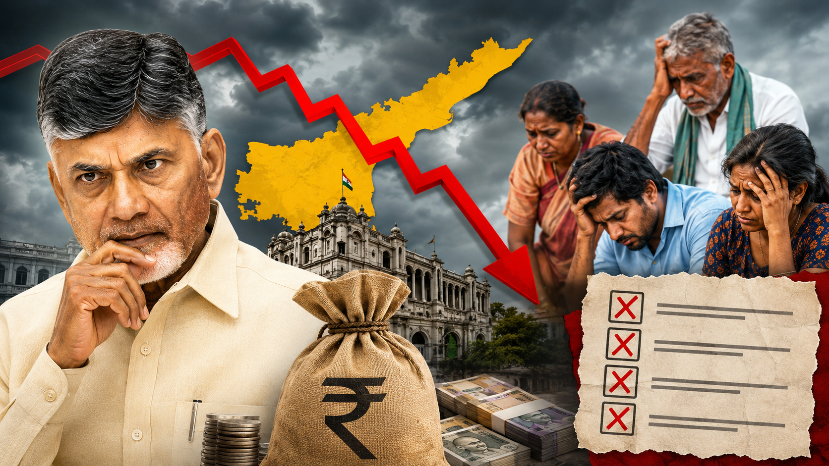 అబద్ధాల్లో ప్రోగ్రెస్: చంద్రబాబు రెండేళ్ల పాలనలో హామీల అమలు, అప్పులు, అభివృద్ధిపై ప్రతిపక్షం చేసిన ఆరోపణలను ప్రతిబింబించే ఫీచర్డ్ ఇమేజ్.