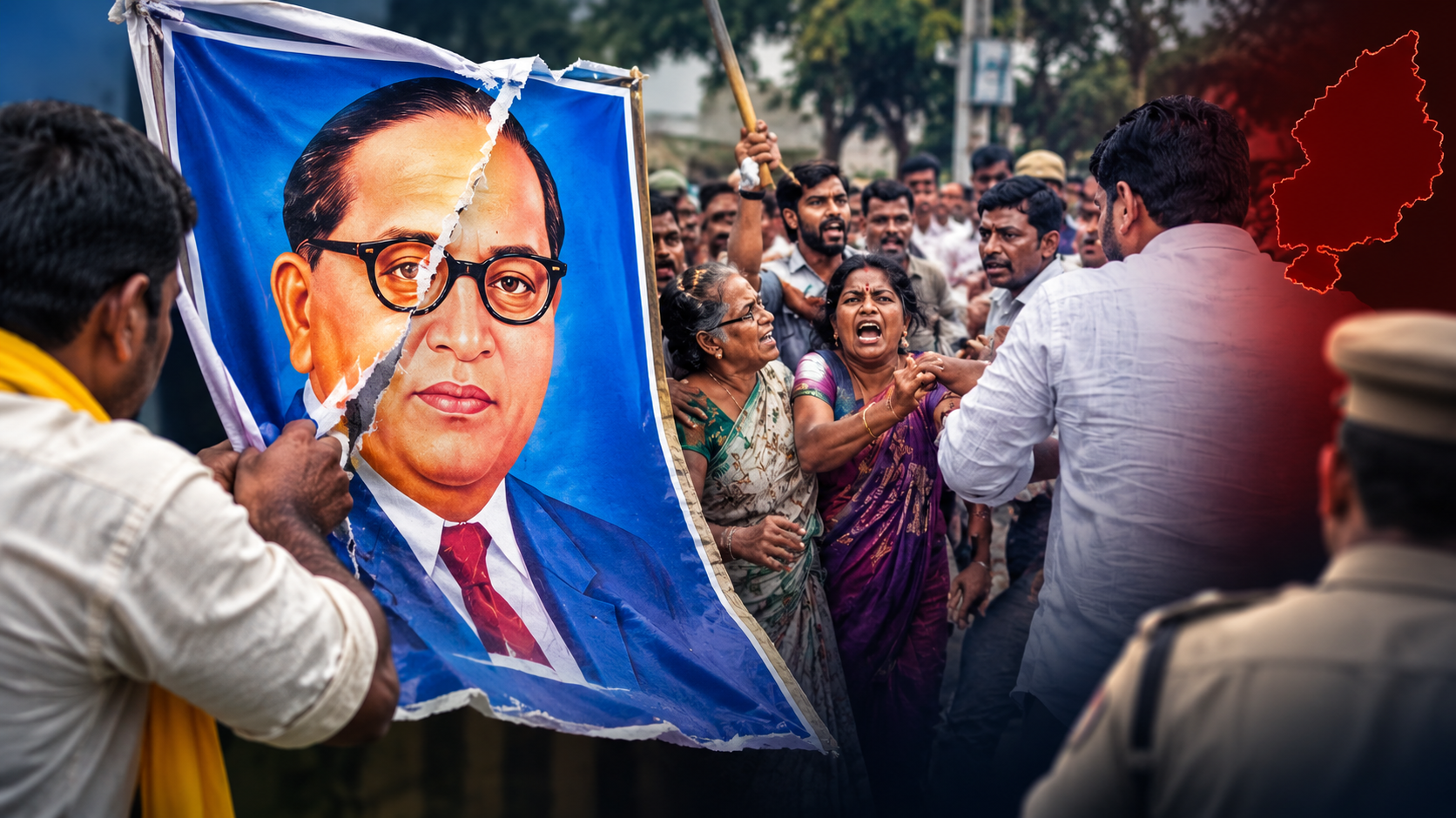 అంబేడ్కర్ చిత్రాన్ని చించివేసి దళితులు, మహిళలపై దాడి జరిగిన ఘటనను ప్రతిబింబించే ఫీచర్డ్ ఇమేజ్