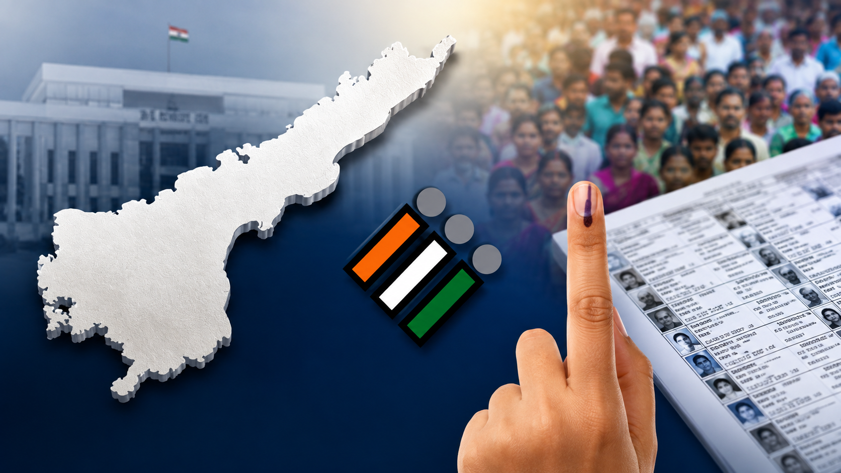 ఏపీ ముసాయిదా ఓటర్ల జాబితా 2026లో 44.89 లక్షల మంది పేర్లు తొలగించిన నేపథ్యంలో ఓటర్ల జాబితా, ఈసీఐ గుర్తు, ఆంధ్రప్రదేశ్ మ్యాప్‌తో రూపొందించిన ఫీచర్డ్ ఇమేజ్