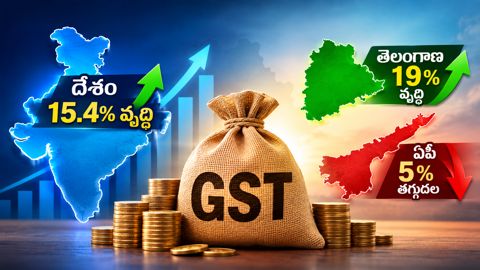 జూలై 2026లో దేశంలో జీఎస్‌టీ వసూళ్లు 15.4% పెరగగా, తెలంగాణలో 19% వృద్ధి నమోదైంది. ఆంధ్రప్రదేశ్‌లో మాత్రం జీఎస్‌టీ వసూళ్లు 5% తగ్గిన విషయాన్ని చూపించే ఫీచర్డ్ ఇమేజ్.