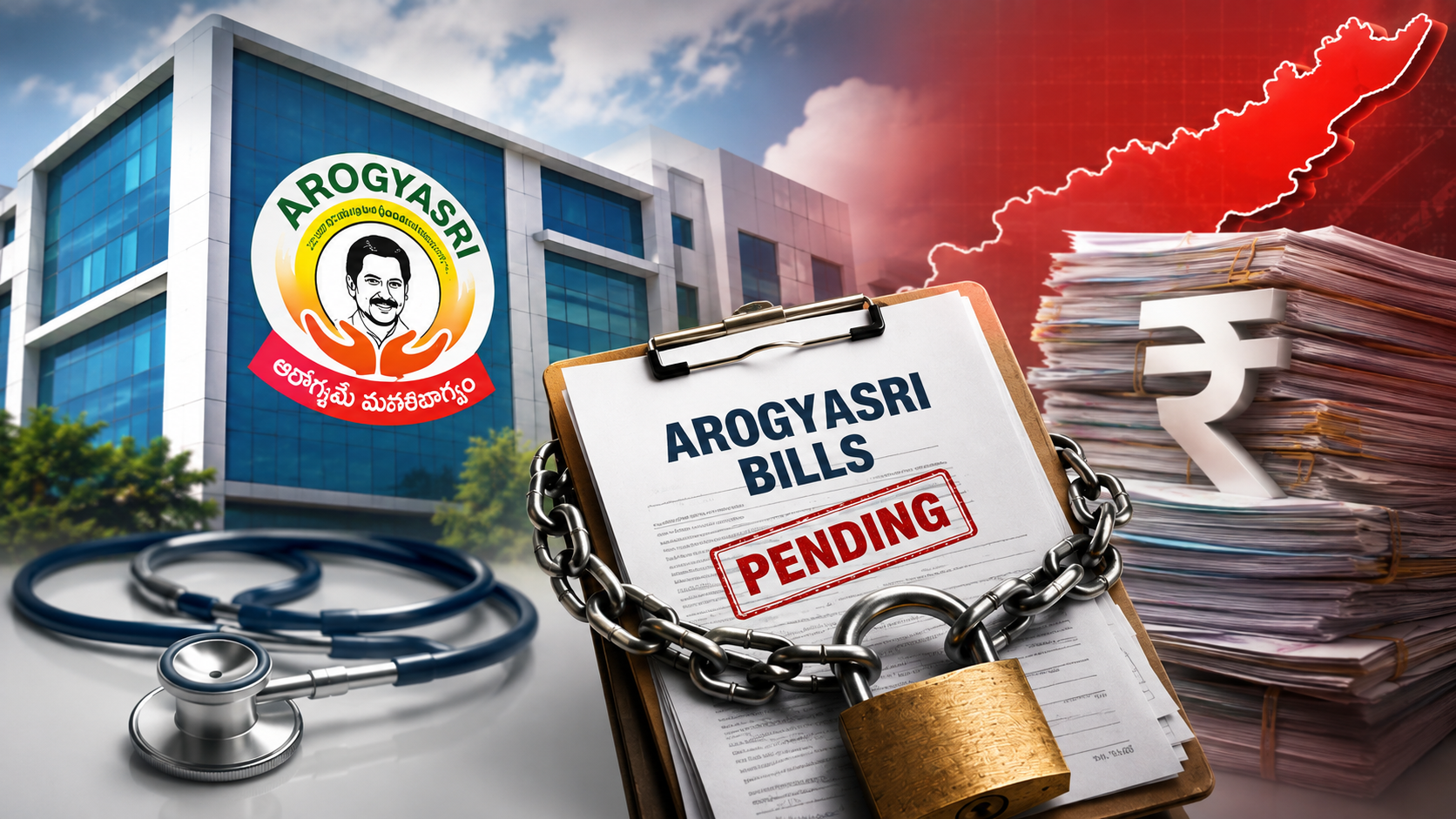 ఆరోగ్యశ్రీ నెట్‌వర్క్ ఆస్పత్రులకు రూ.2,500 కోట్లకు పైగా బకాయిలు పెండింగ్‌లో ఉండటంతో ప్రభుత్వంపై ఆందోళన వ్యక్తం చేస్తున్న నేపథ్య చిత్రం.
