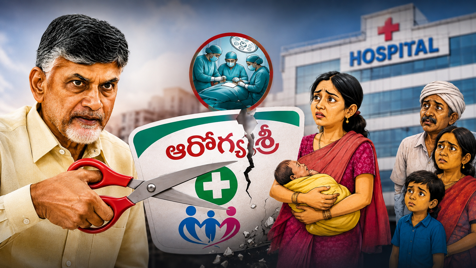 ఆరోగ్యశ్రీ పథకంలో ఐదు కీలక వైద్య సేవల తొలగింపుపై రాజకీయ వివాదాన్ని సూచించే ప్రతీకాత్మక చిత్రం.