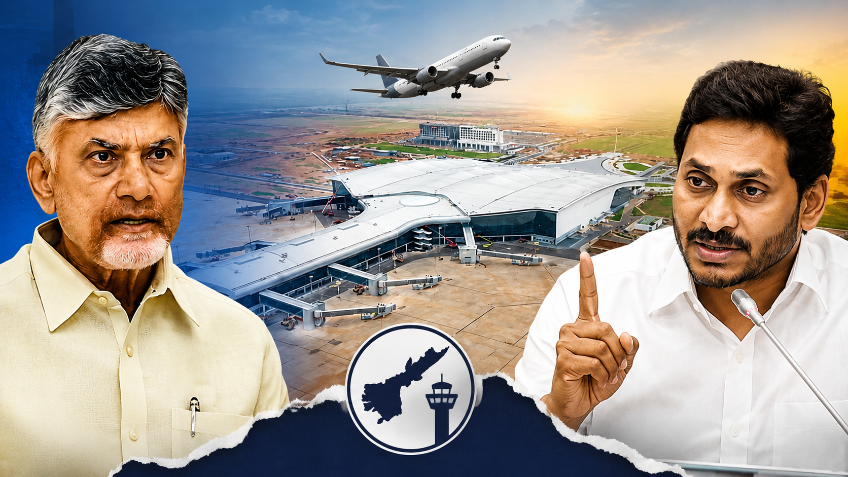 భోగాపురం ఎయిర్‌పోర్టు క్రెడిట్‌పై చంద్రబాబు, జగన్ మధ్య రాజకీయ వివాదాన్ని సూచించే ఫీచర్డ్ ఇమేజ్