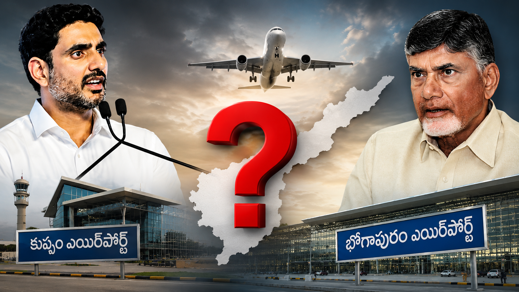 భోగాపురం ఎయిర్‌పోర్ట్ క్రెడిట్‌పై రాజకీయ వివాదం నేపథ్యంలో కుప్పం ఎయిర్‌పోర్ట్ ప్రాజెక్ట్‌ను ప్రస్తావిస్తూ లోకేష్, చంద్రబాబు చిత్రాలతో రూపొందించిన ఫీచర్డ్ ఇమేజ్.
