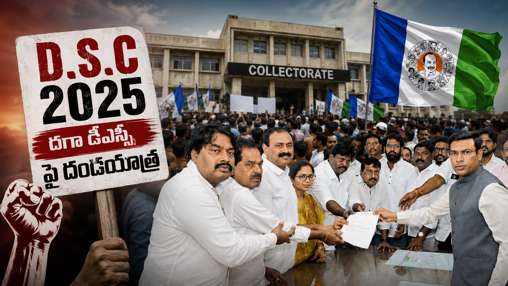 దగా డీఎస్సీపై దండయాత్ర పేరుతో రాష్ట్రవ్యాప్తంగా కలెక్టరేట్ల వద్ద వైఎస్సార్సీపీ నేతలు నిరసనలు నిర్వహిస్తూ కలెక్టర్లకు వినతిపత్రాలు అందజేస్తున్న దృశ్యం.