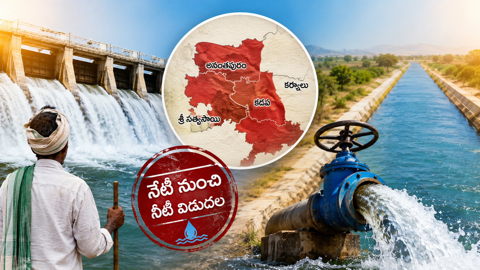 హంద్రీ-నీవా, పోతిరెడ్డిపాడు హెడ్ రెగ్యులేటర్‌కు నీటి విడుదల నేపథ్యంలో డ్యామ్, కాలువ మరియు రైతును చూపించే ఫీచర్డ్ ఇమేజ్