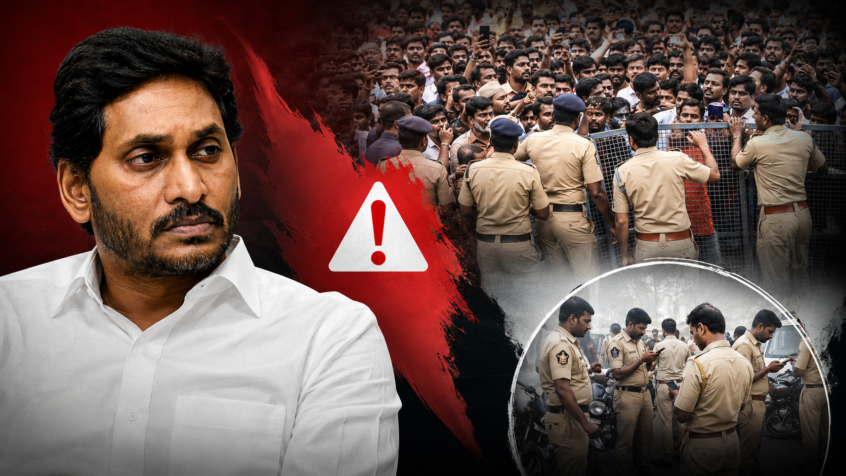జగన్ భద్రతా వైఫల్యం నేపథ్యంలో పోలీసుల నిర్లక్ష్యం, జనసందోహం మరియు భద్రతా లోపాలను ప్రతిబింబించే ఫీచర్డ్ ఇమేజ్