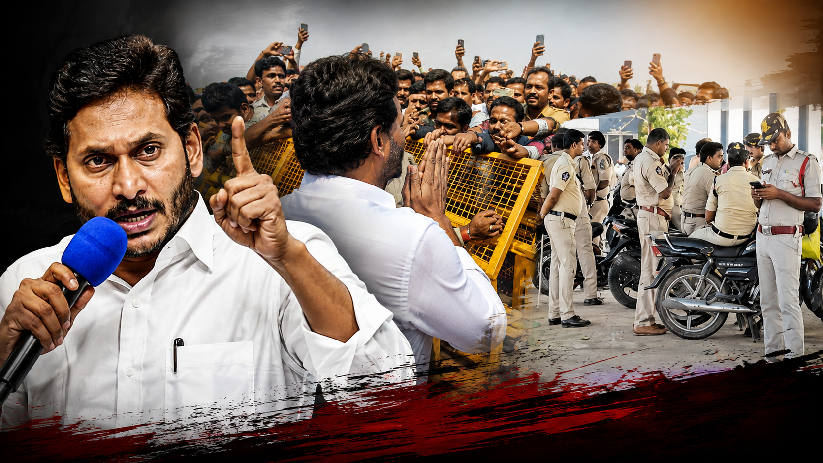 జగన్ భద్రతా వైఫల్యంపై ఆరోపణలు, భారీగా తరలివచ్చిన ప్రజలు మరియు విధుల్లో ఉన్న పోలీసుల దృశ్యం