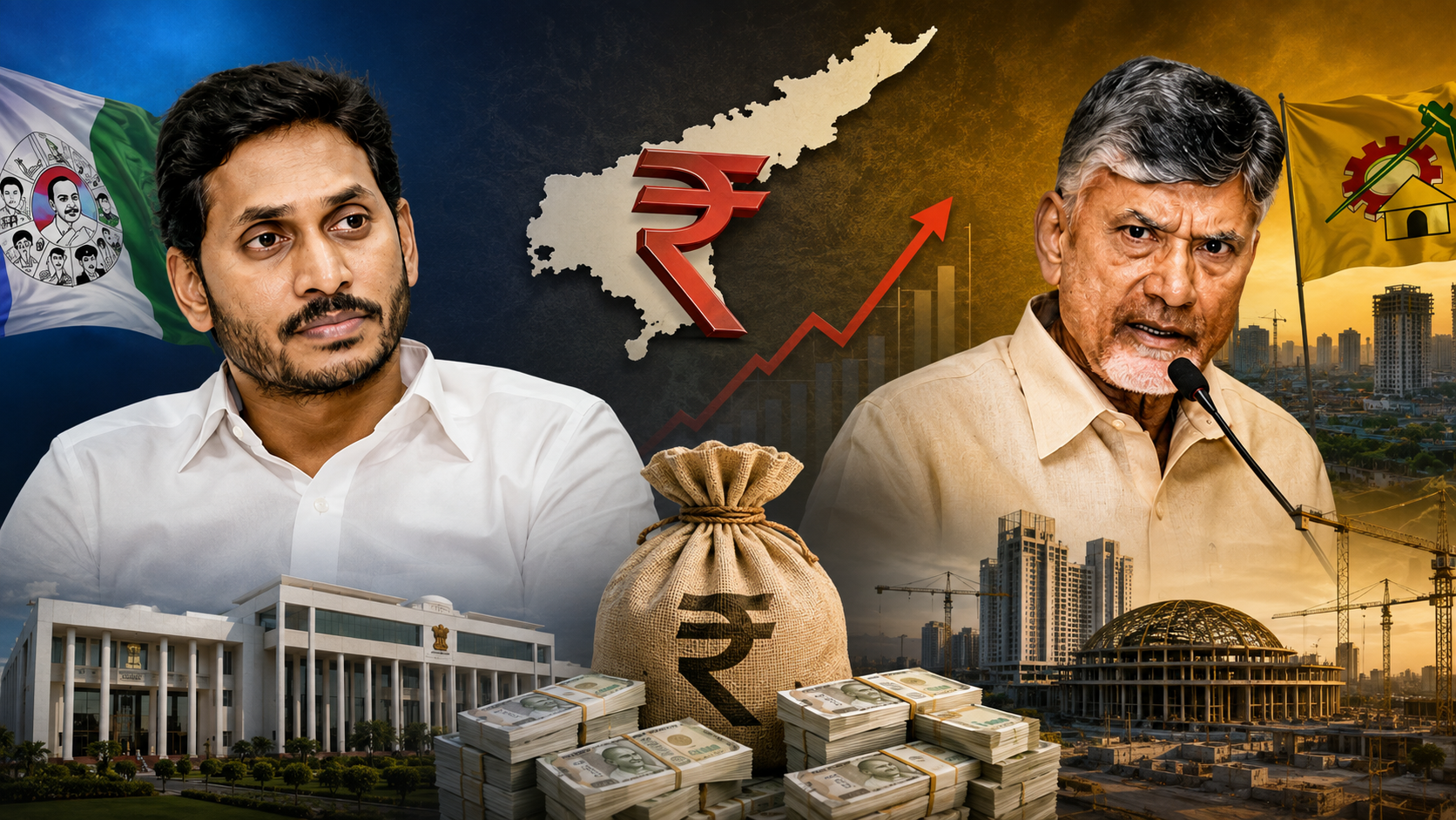 జగన్ ప్రభుత్వం, చంద్రబాబు ప్రభుత్వం అప్పుల పోలిక, అమరావతి కాంట్రాక్టులు మరియు ఆంధ్రప్రదేశ్ ఆర్థిక అంశాలపై రూపొందించిన ఫీచర్డ్ ఇమేజ్.