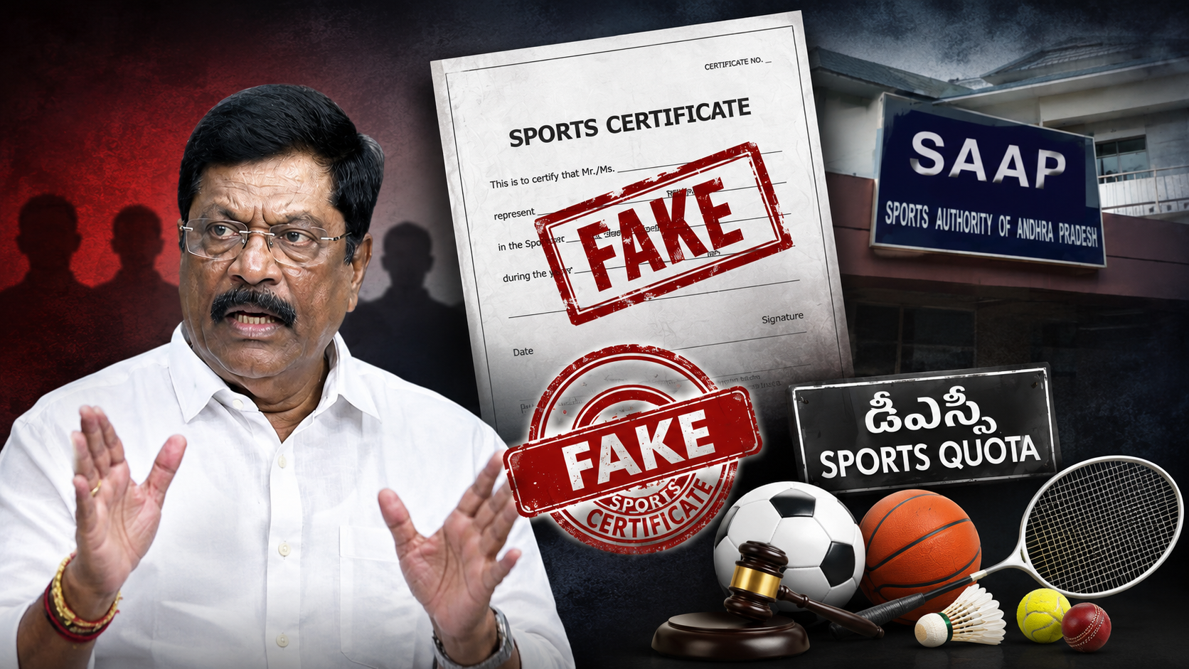 నకిలీ స్పోర్ట్స్‌ సర్టిఫికెట్లతో డీఎస్సీ ఉద్యోగాలపై ఏపీ ఒలింపిక్‌ అసోసియేషన్‌ అధ్యక్షుడు ఆర్‌.కె. పురుషోత్తం చేసిన ఆరోపణలను సూచించే ఫీచర్డ్‌ ఇమేజ్.